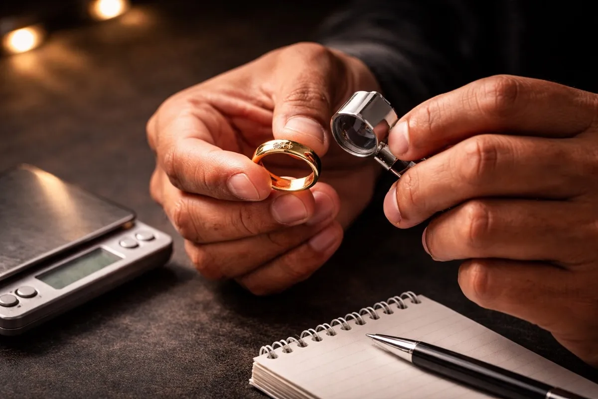Professional gold appraiser examining jewelry with a jeweler's loupe