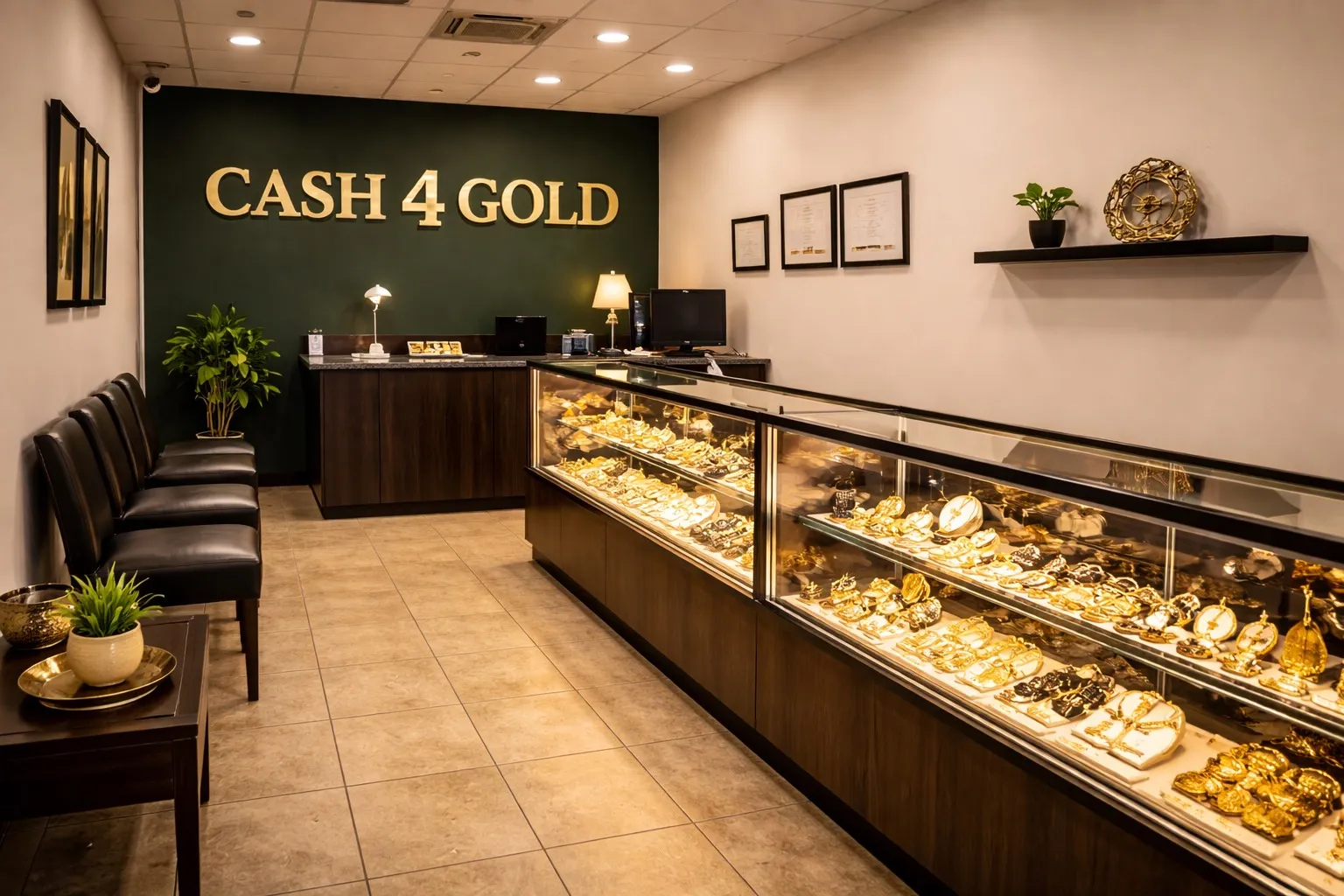 Inside Cash 4 Gold Trading Post East Brunswick, display cases with gold and jewelry