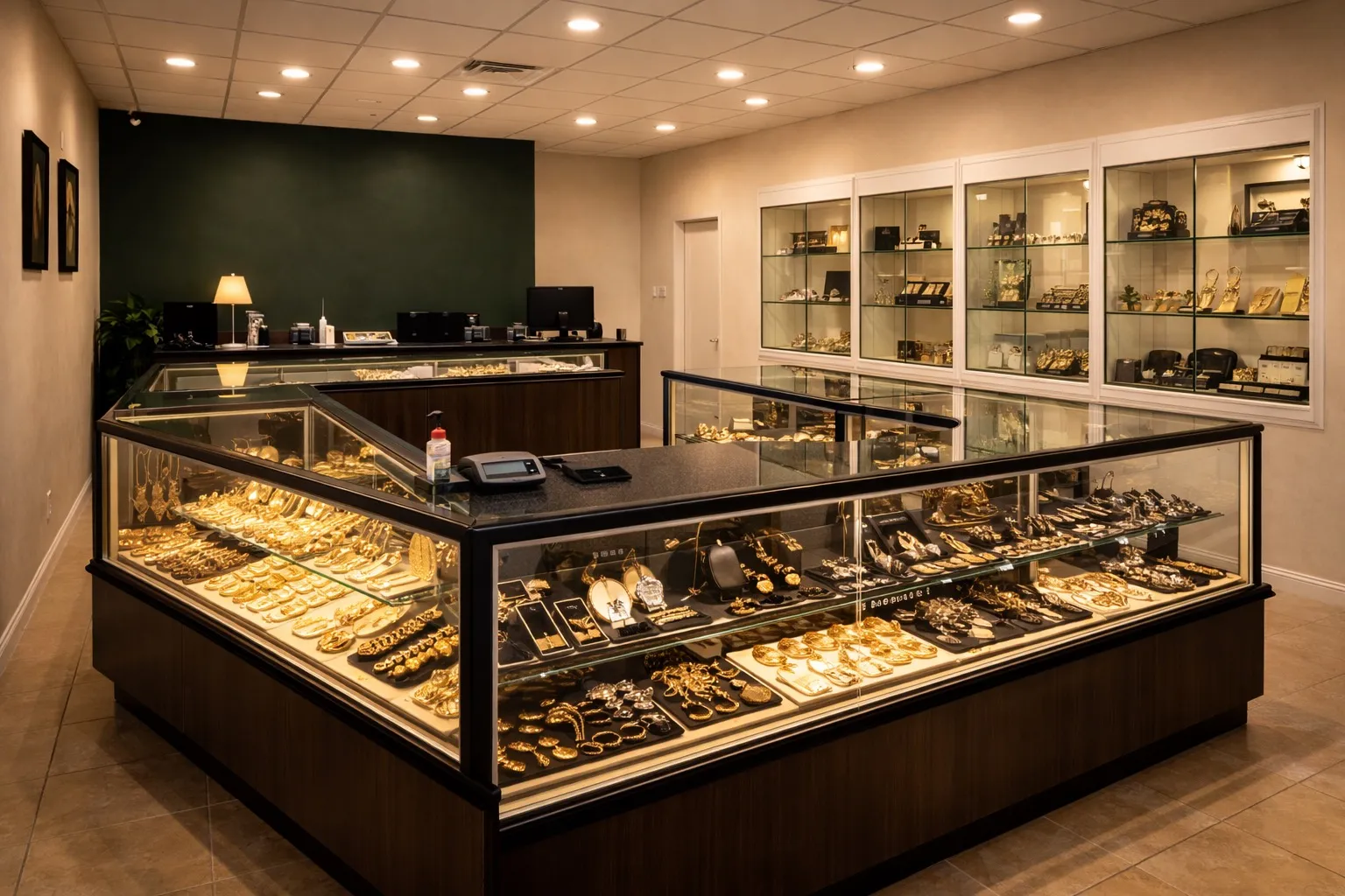 Inside Cash 4 Gold Trading Post Middlesex, display cases with gold and jewelry