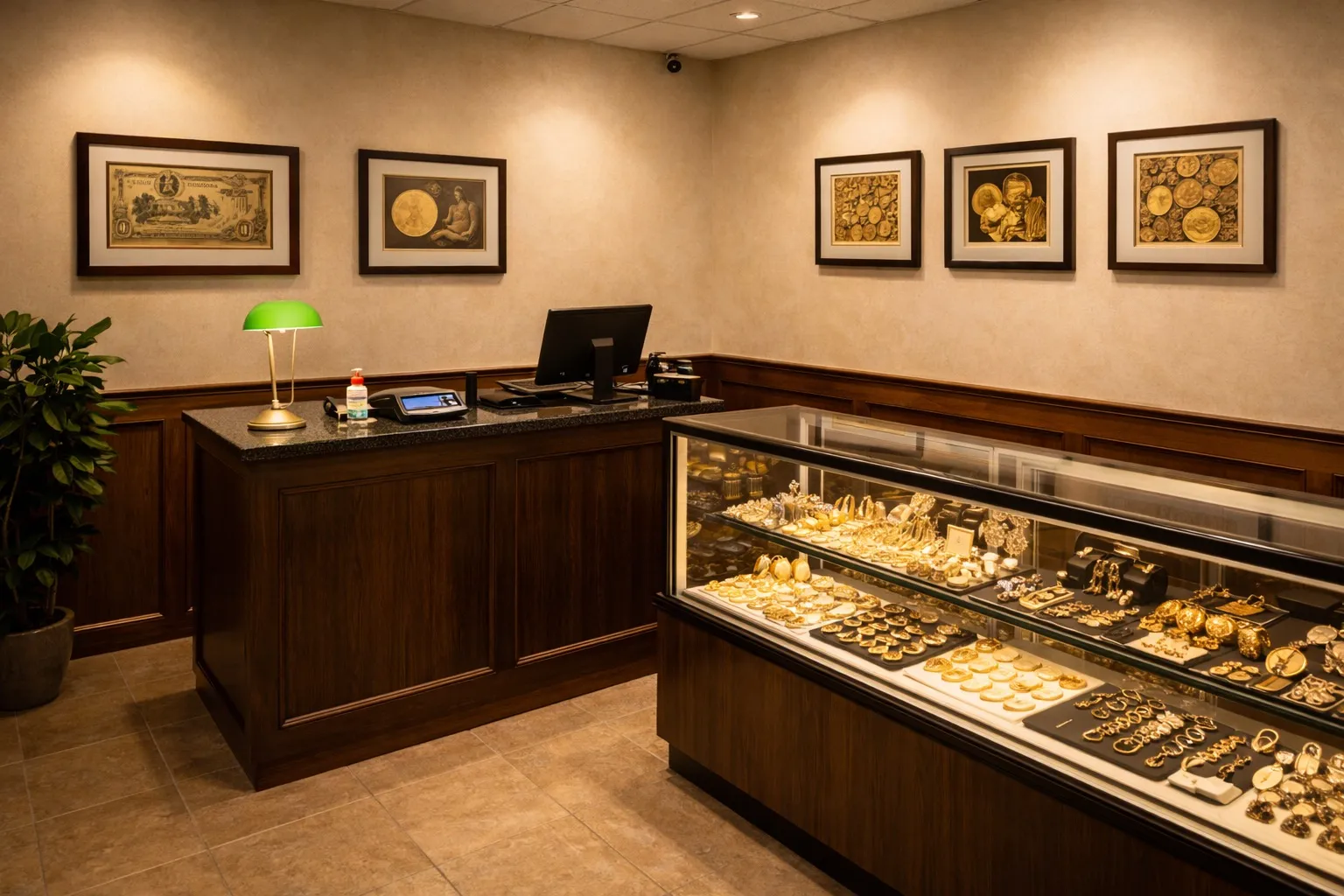 Inside Cash 4 Gold Trading Post Millstone, display cases with gold and jewelry