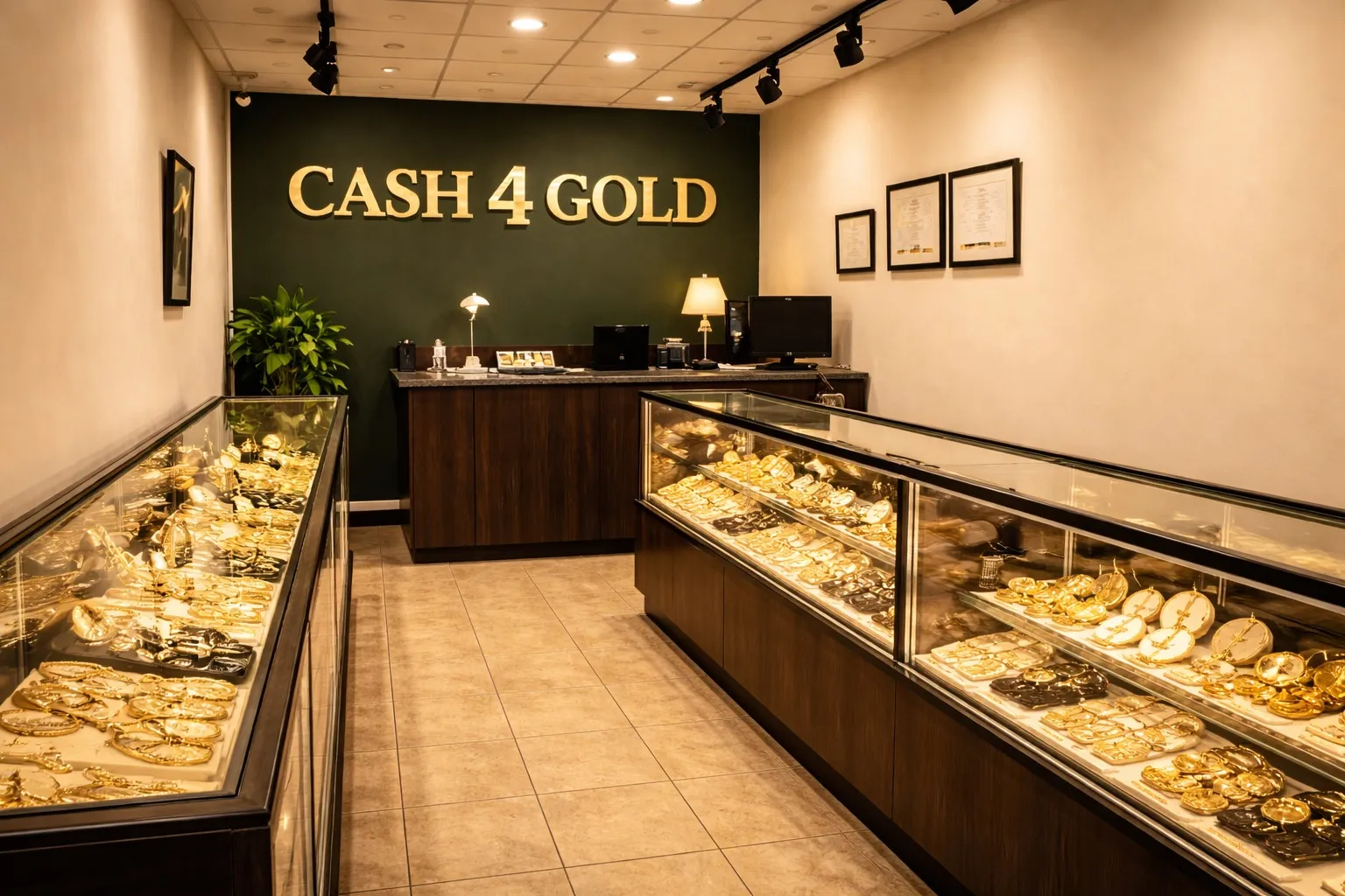 Inside Cash 4 Gold Trading Post New Brunswick, display cases with gold and jewelry